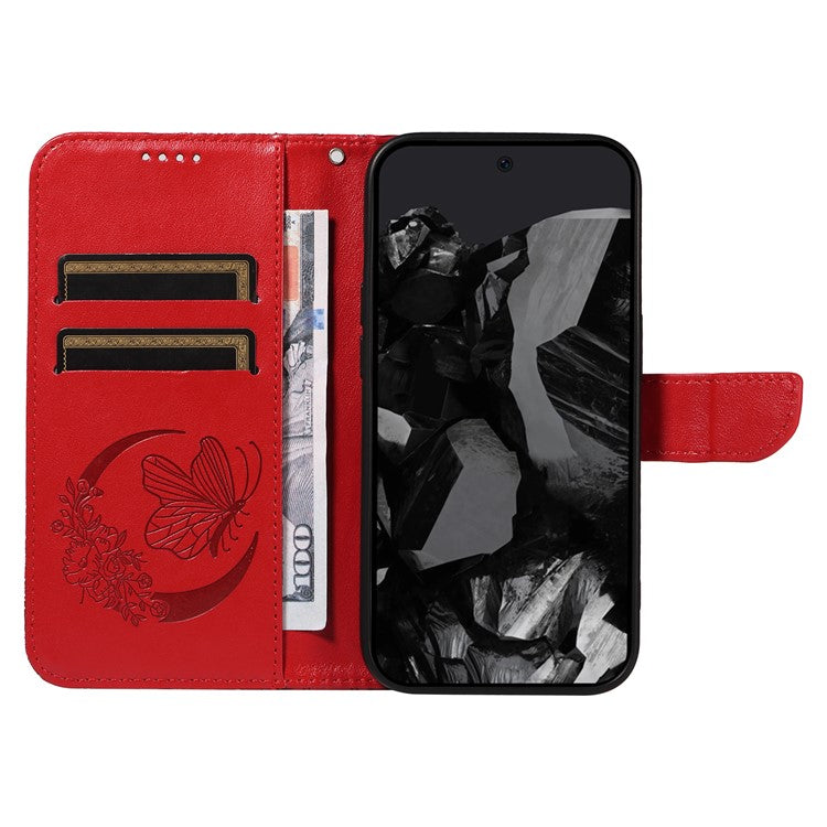 For Google Pixel 9 Pro / Pixel 9 Case Flip Stand PU Leather Phone Cover Swallowtail Butterfly - Red