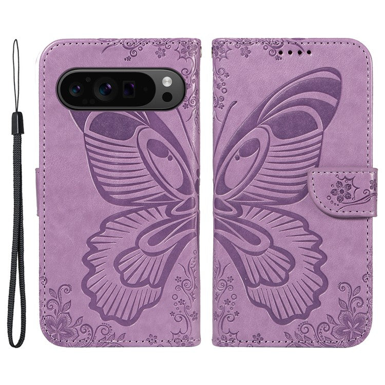 For Google Pixel 9 Pro / Pixel 9 Case Flip Stand PU Leather Phone Cover Swallowtail Butterfly - Light Purple
