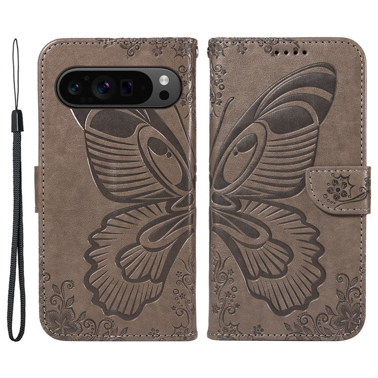 For Google Pixel 9 Pro / Pixel 9 Case Flip Stand PU Leather Phone Cover Swallowtail Butterfly - Grey