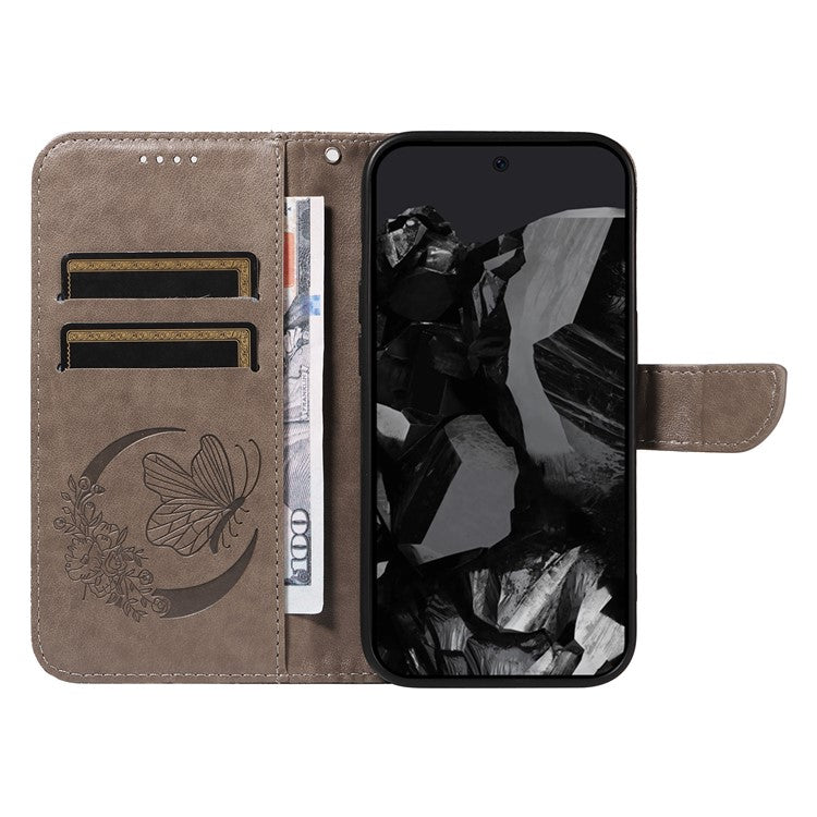 For Google Pixel 9 Pro / Pixel 9 Case Flip Stand PU Leather Phone Cover Swallowtail Butterfly - Grey