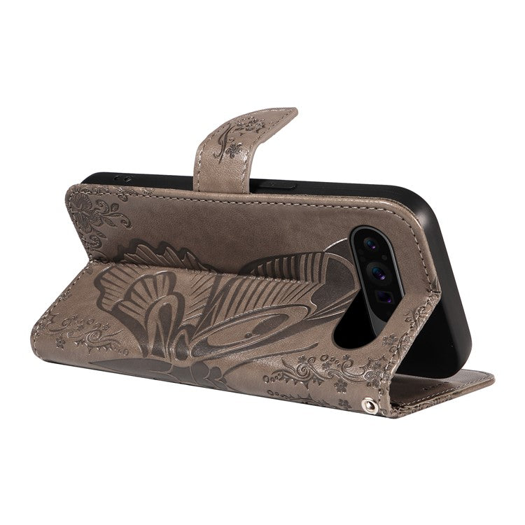 For Google Pixel 9 Pro / Pixel 9 Case Flip Stand PU Leather Phone Cover Swallowtail Butterfly - Grey