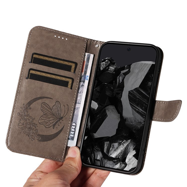 For Google Pixel 9 Pro / Pixel 9 Case Flip Stand PU Leather Phone Cover Swallowtail Butterfly - Grey