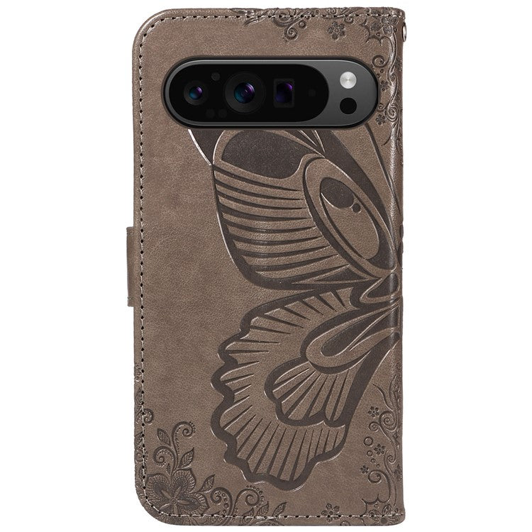 For Google Pixel 9 Pro / Pixel 9 Case Flip Stand PU Leather Phone Cover Swallowtail Butterfly - Grey