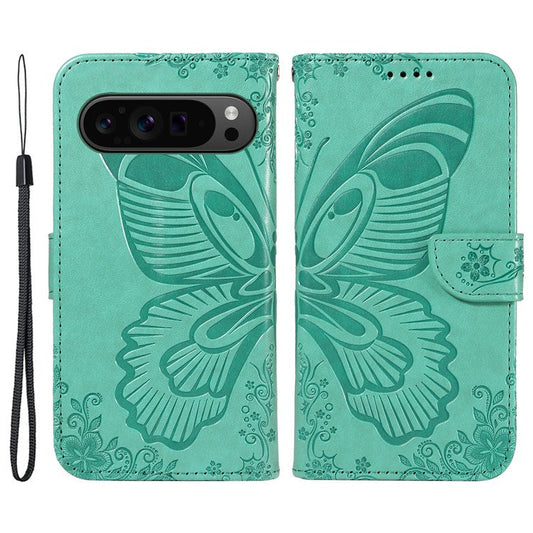 For Google Pixel 9 Pro / Pixel 9 Case Flip Stand PU Leather Phone Cover Swallowtail Butterfly - Green