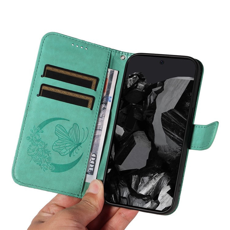 For Google Pixel 9 Pro / Pixel 9 Case Flip Stand PU Leather Phone Cover Swallowtail Butterfly - Green