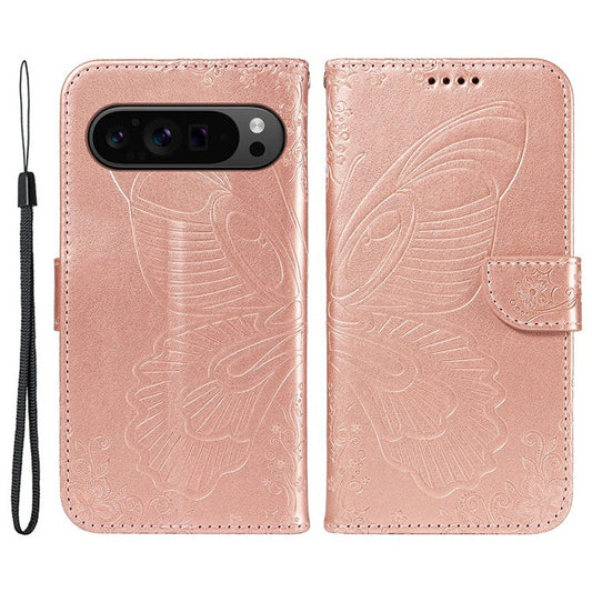 For Google Pixel 9 Pro / Pixel 9 Case Flip Stand PU Leather Phone Cover Swallowtail Butterfly - Rose Gold