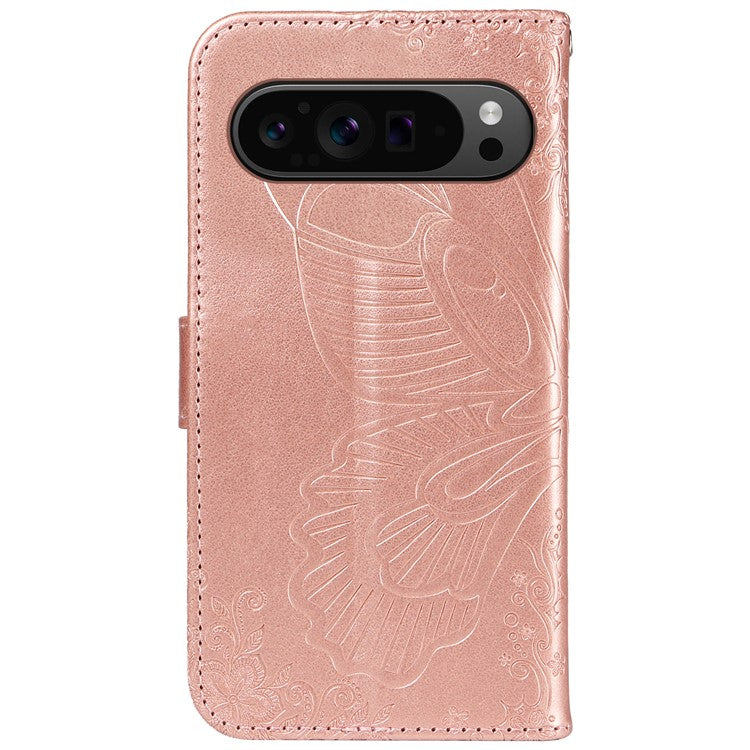 For Google Pixel 9 Pro / Pixel 9 Case Flip Stand PU Leather Phone Cover Swallowtail Butterfly - Rose Gold