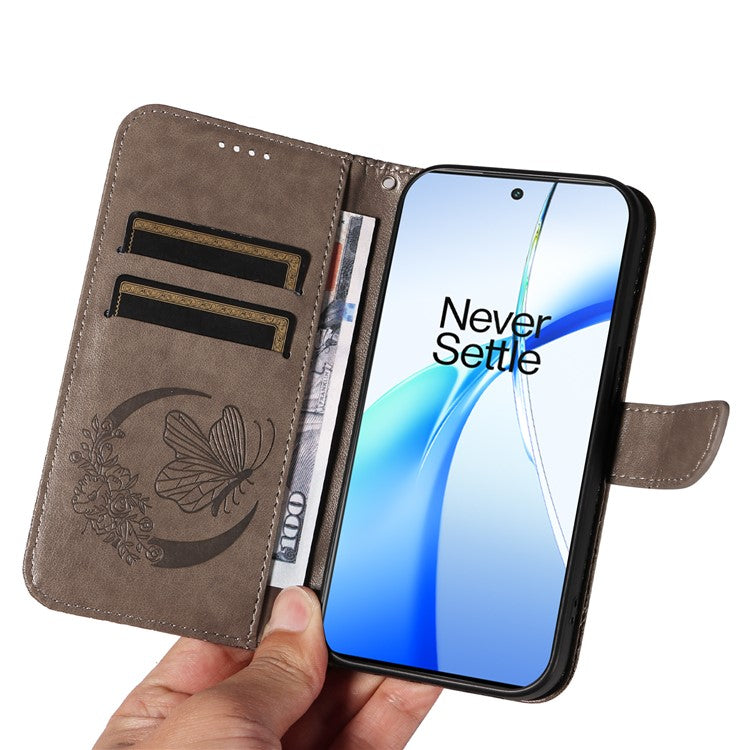 For OnePlus Ace 3V 5G Case Leather Wallet Flip Stand Butterfly Pattern Phone Cover - Grey