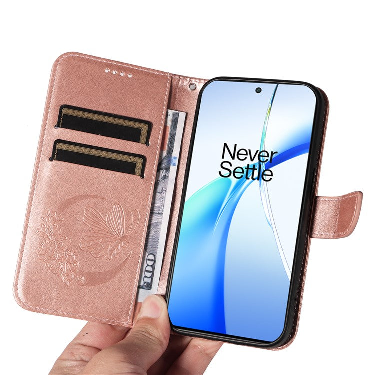 For OnePlus Ace 3V 5G Case Leather Wallet Flip Stand Butterfly Pattern Phone Cover - Rose Gold