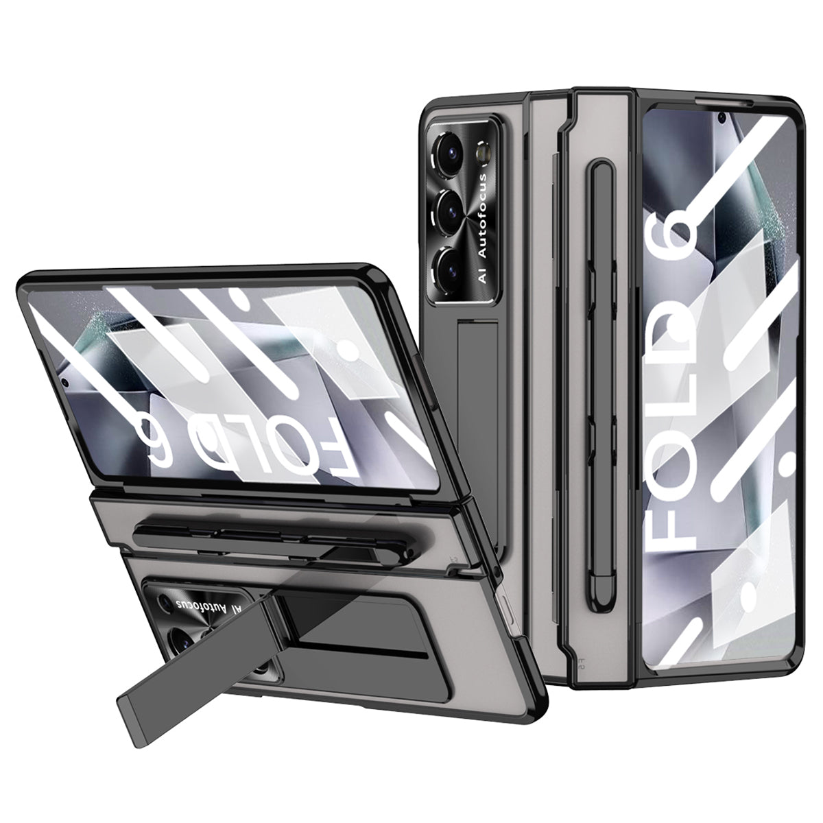 For Samsung Galaxy Z Fold6 5G Kickstand Phone Case PC Folding Cover with Tempered Glass Film + Stylus Pen - Black