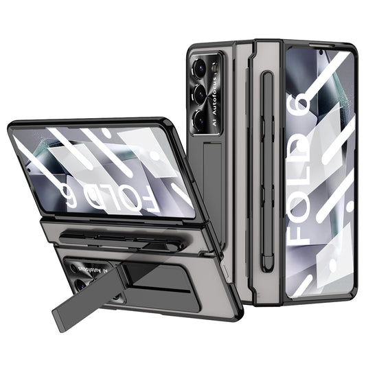 For Samsung Galaxy Z Fold6 5G Kickstand Phone Case PC Folding Cover with Tempered Glass Film + Stylus Pen - Black