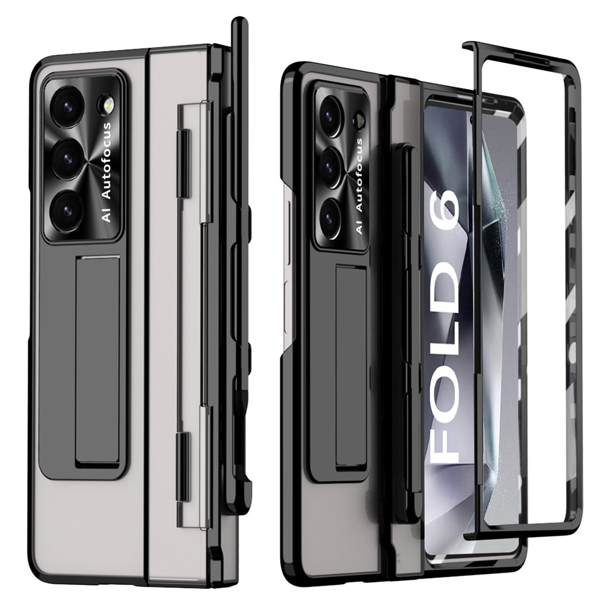 For Samsung Galaxy Z Fold6 5G Kickstand Phone Case PC Folding Cover with Tempered Glass Film + Stylus Pen - Black