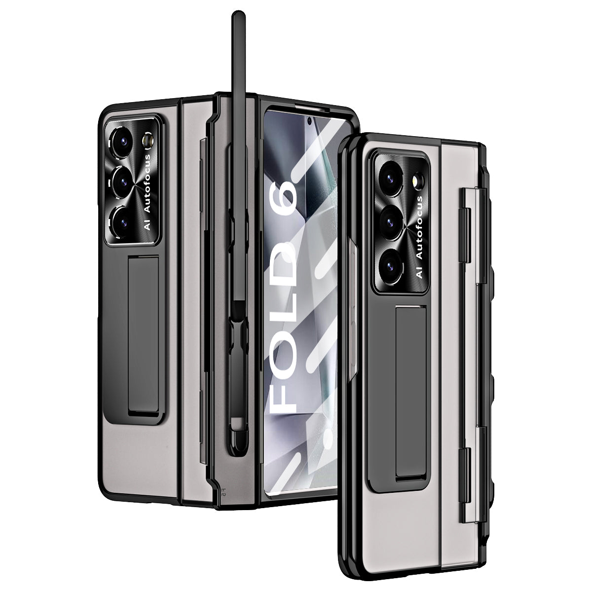 For Samsung Galaxy Z Fold6 5G Kickstand Phone Case PC Folding Cover with Tempered Glass Film + Stylus Pen - Black
