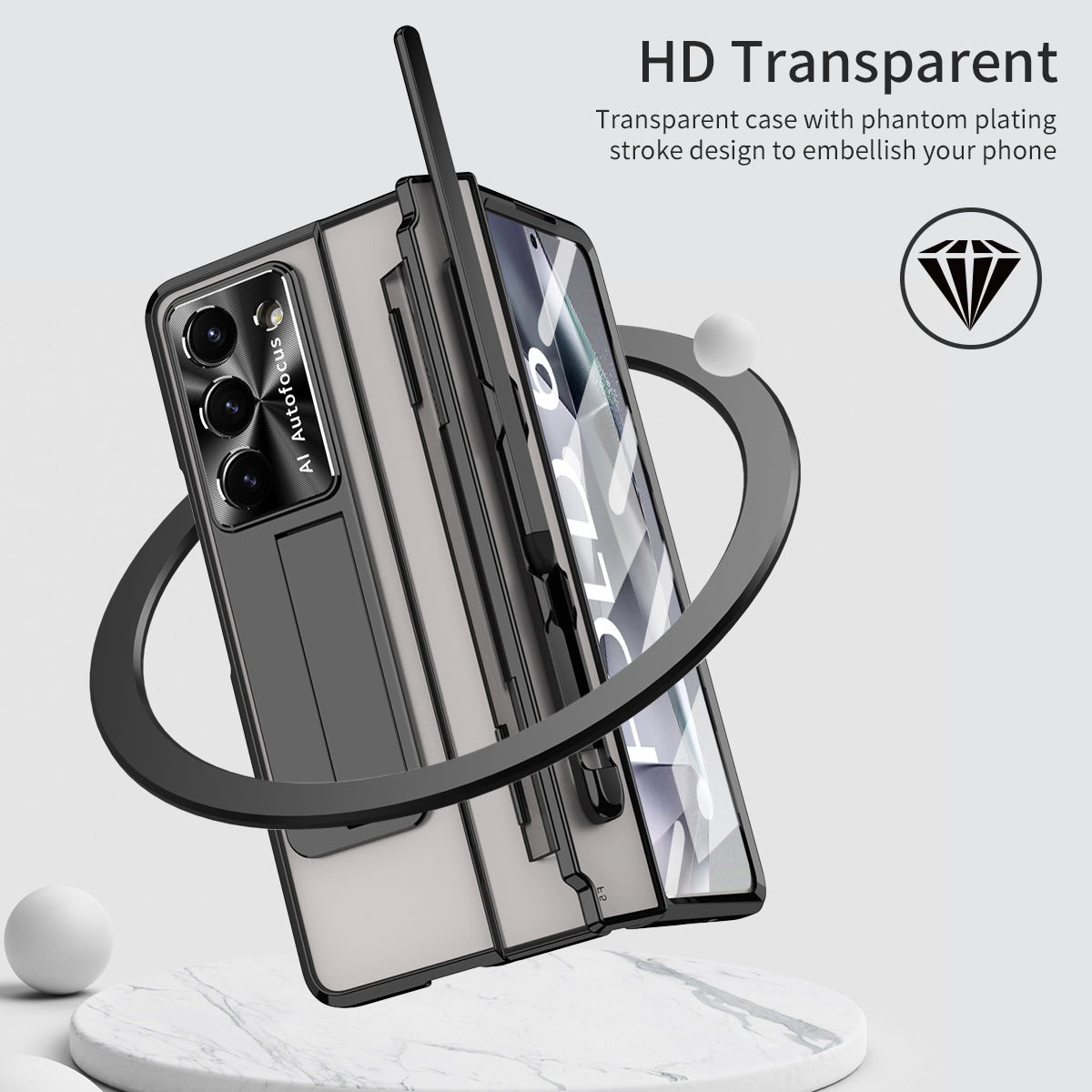 For Samsung Galaxy Z Fold6 5G Kickstand Phone Case PC Folding Cover with Tempered Glass Film + Stylus Pen - Black