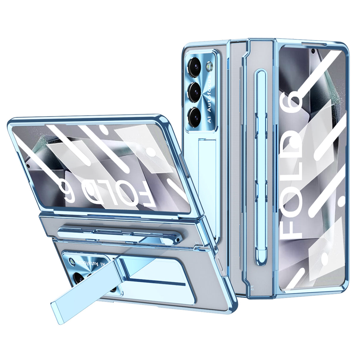 For Samsung Galaxy Z Fold6 5G Kickstand Phone Case PC Folding Cover with Tempered Glass Film + Stylus Pen - Blue
