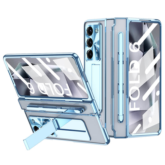 For Samsung Galaxy Z Fold6 5G Kickstand Phone Case PC Folding Cover with Tempered Glass Film + Stylus Pen - Blue