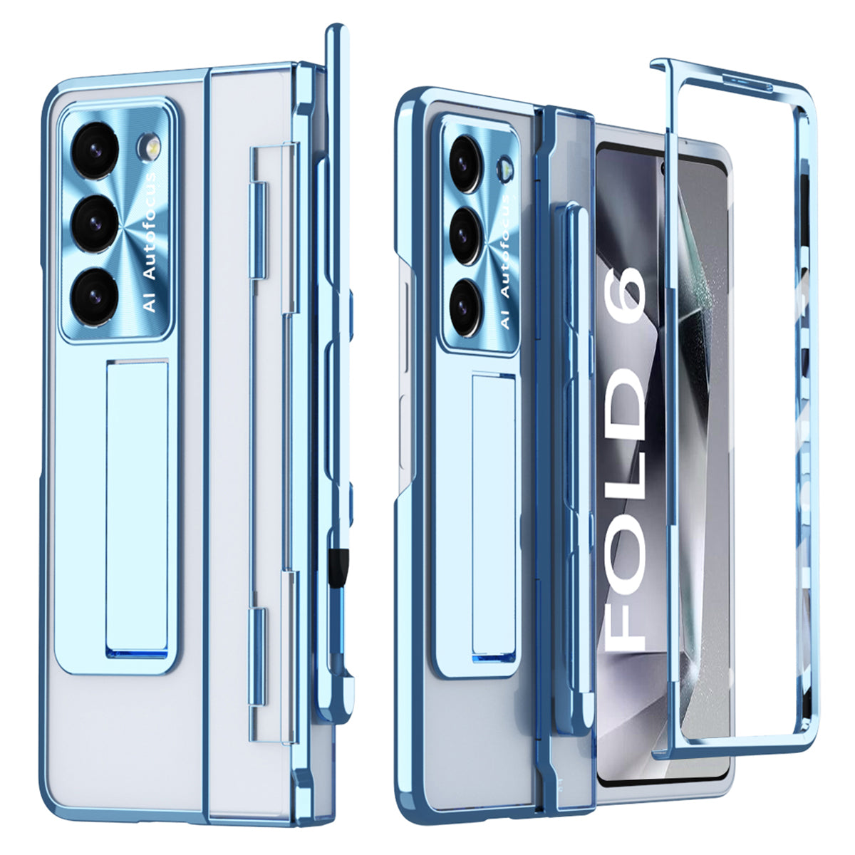 For Samsung Galaxy Z Fold6 5G Kickstand Phone Case PC Folding Cover with Tempered Glass Film + Stylus Pen - Blue