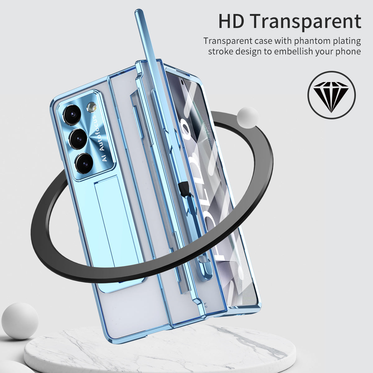 For Samsung Galaxy Z Fold6 5G Kickstand Phone Case PC Folding Cover with Tempered Glass Film + Stylus Pen - Blue