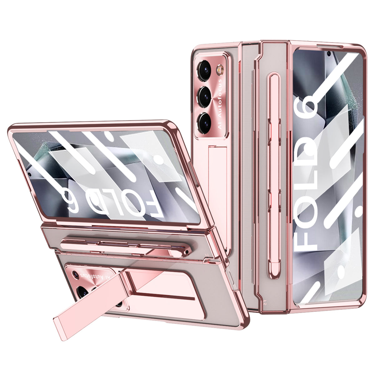 For Samsung Galaxy Z Fold6 5G Kickstand Phone Case PC Folding Cover with Tempered Glass Film + Stylus Pen - Rose Gold