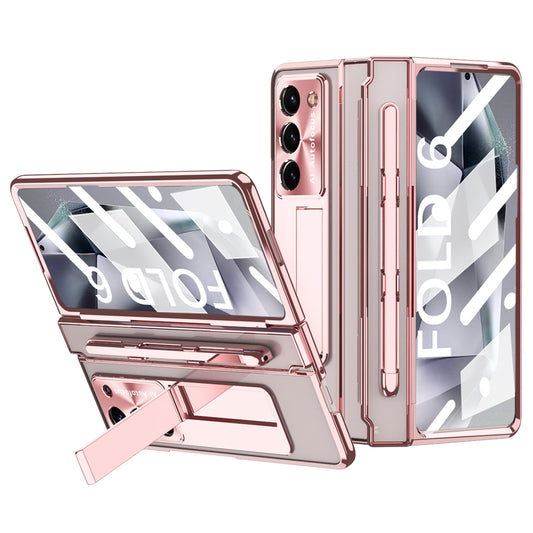 For Samsung Galaxy Z Fold6 5G Kickstand Phone Case PC Folding Cover with Tempered Glass Film + Stylus Pen - Rose Gold
