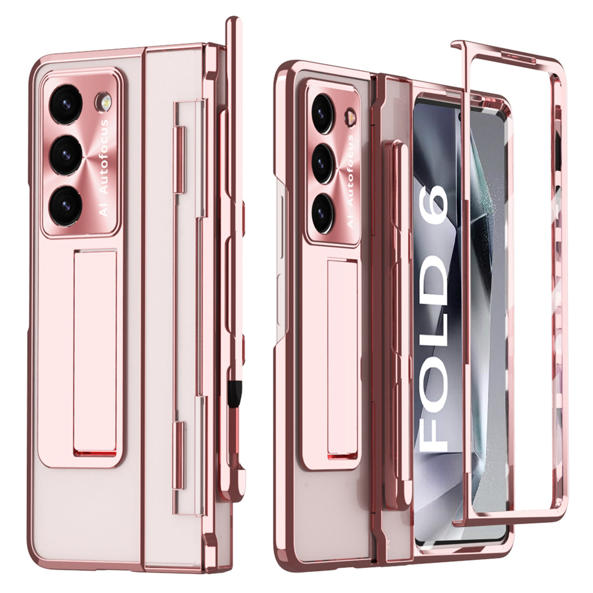 For Samsung Galaxy Z Fold6 5G Kickstand Phone Case PC Folding Cover with Tempered Glass Film + Stylus Pen - Rose Gold