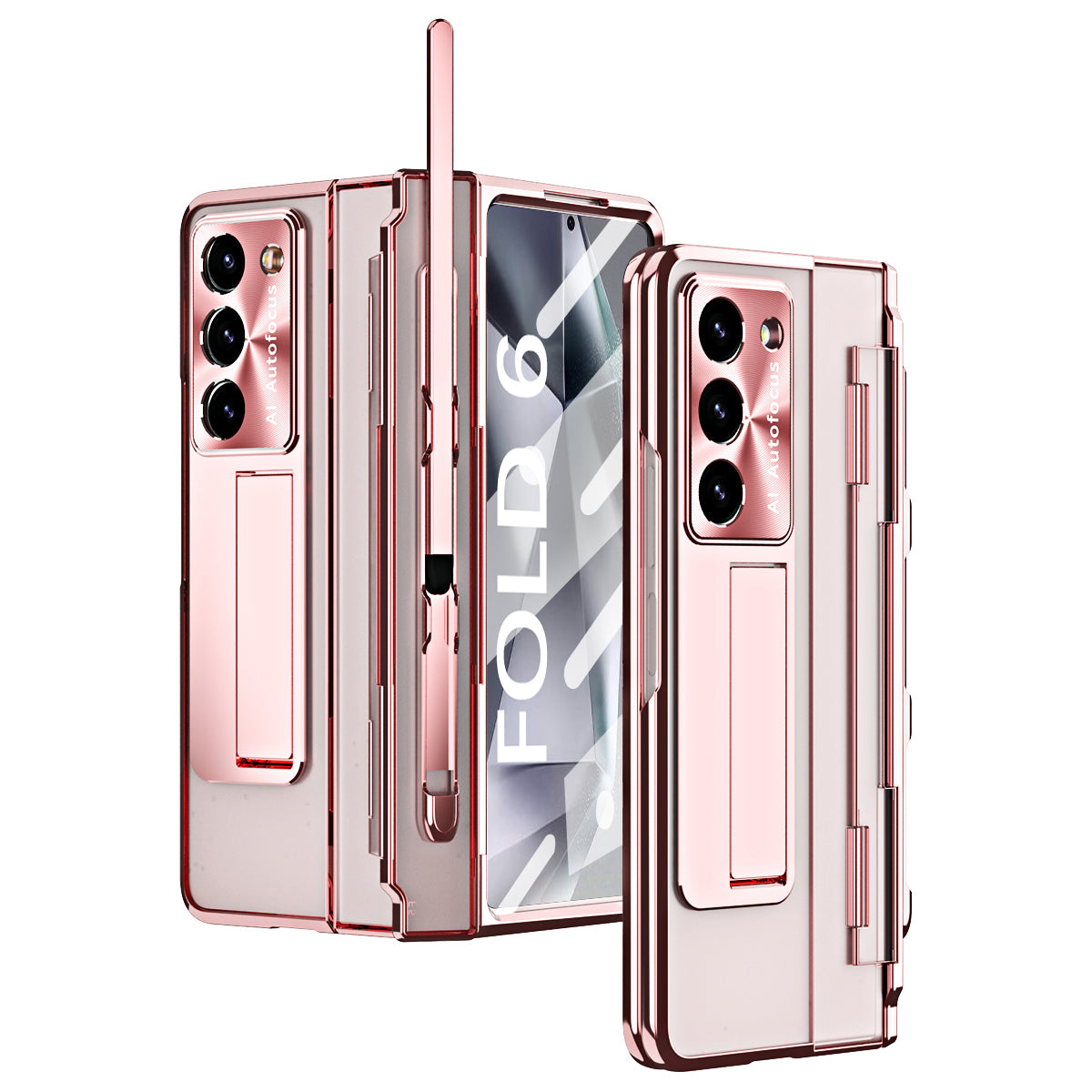 For Samsung Galaxy Z Fold6 5G Kickstand Phone Case PC Folding Cover with Tempered Glass Film + Stylus Pen - Rose Gold