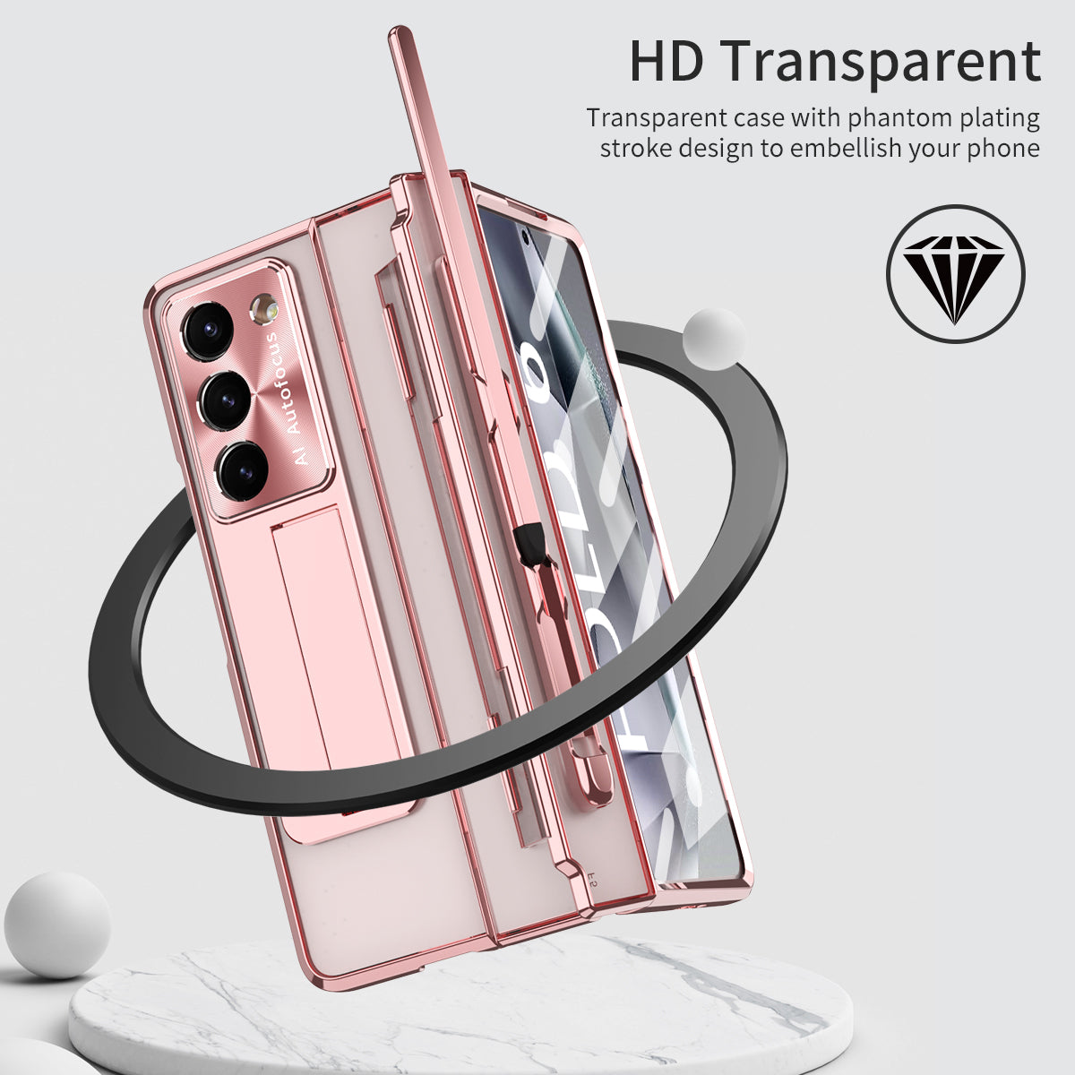 For Samsung Galaxy Z Fold6 5G Kickstand Phone Case PC Folding Cover with Tempered Glass Film + Stylus Pen - Rose Gold