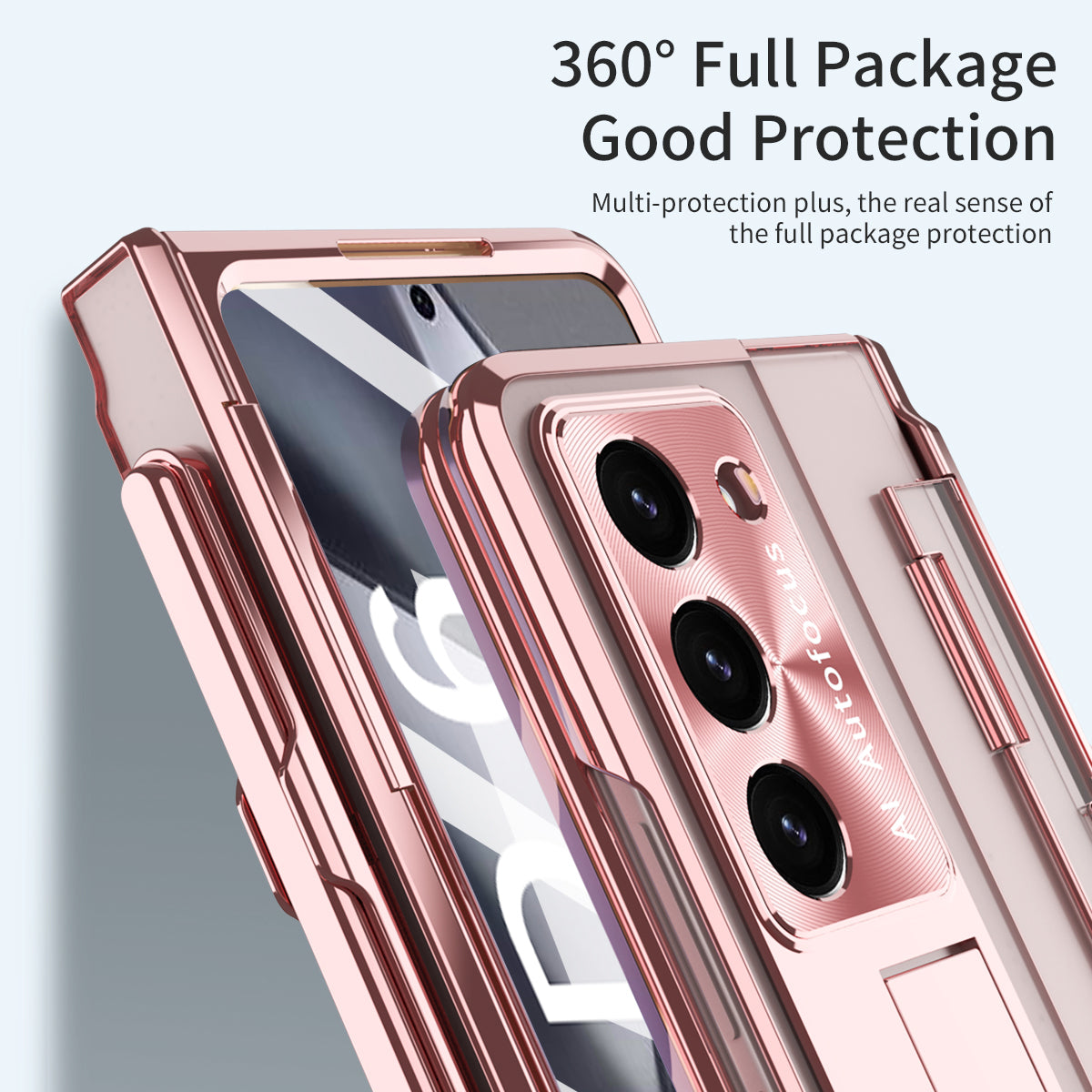 For Samsung Galaxy Z Fold6 5G Kickstand Phone Case PC Folding Cover with Tempered Glass Film + Stylus Pen - Rose Gold