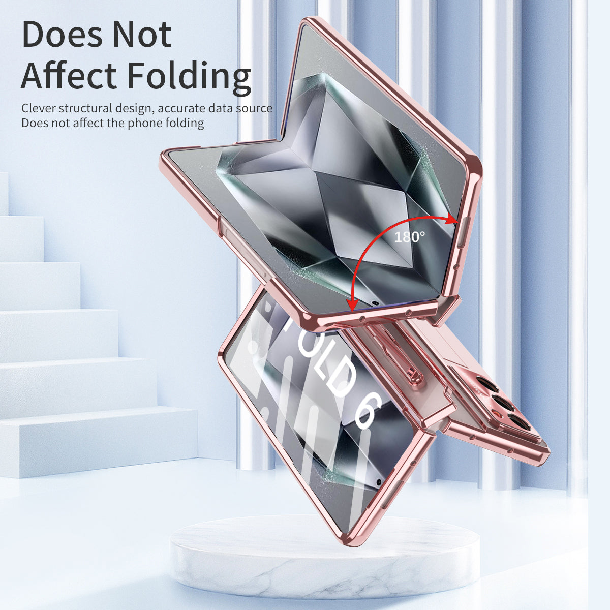 For Samsung Galaxy Z Fold6 5G Kickstand Phone Case PC Folding Cover with Tempered Glass Film + Stylus Pen - Rose Gold