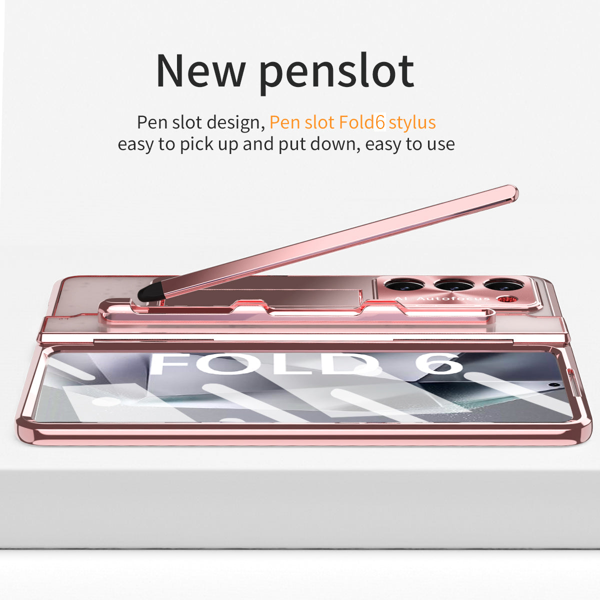 For Samsung Galaxy Z Fold6 5G Kickstand Phone Case PC Folding Cover with Tempered Glass Film + Stylus Pen - Rose Gold