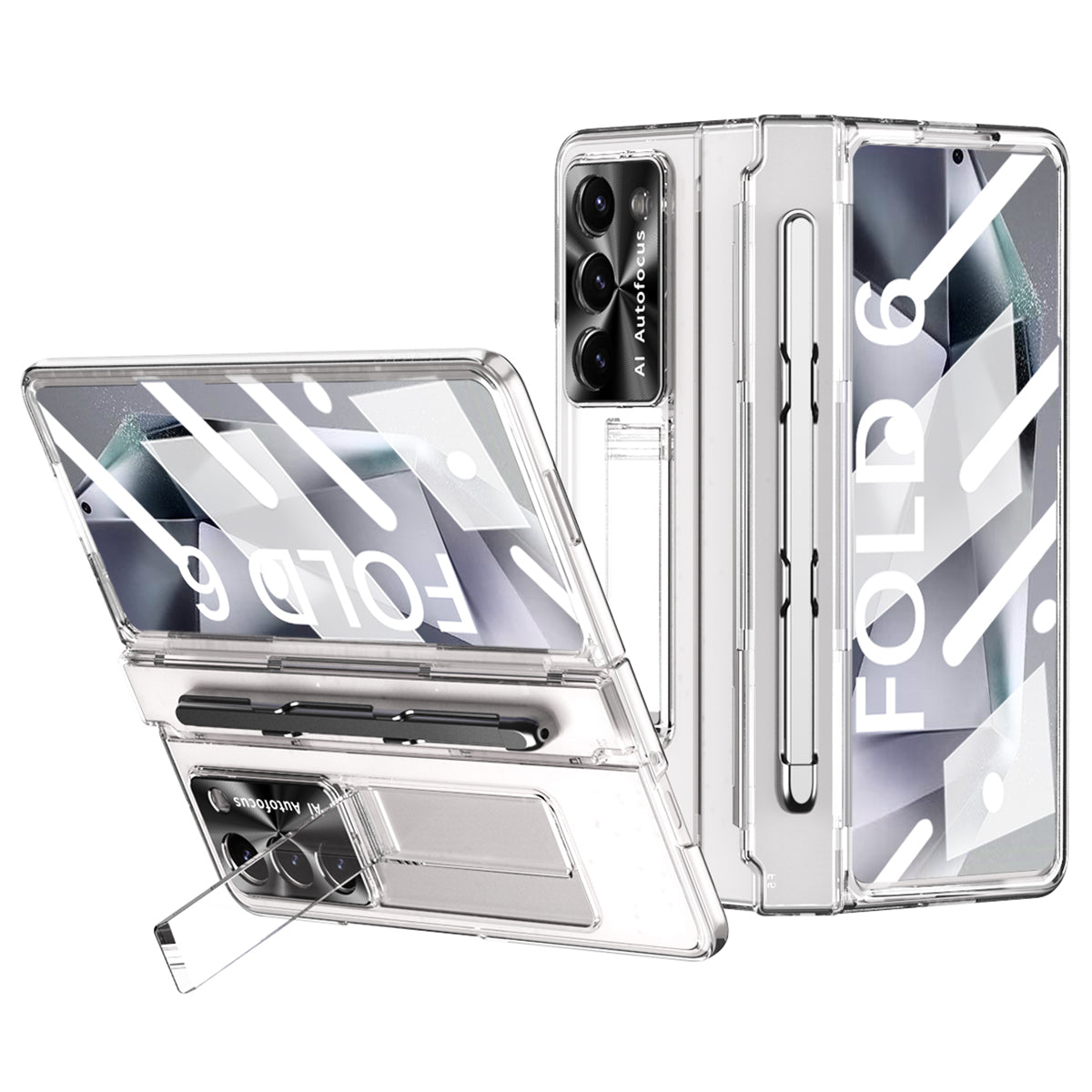 For Samsung Galaxy Z Fold6 5G Kickstand Phone Case PC Folding Cover with Tempered Glass Film + Stylus Pen - Transparent