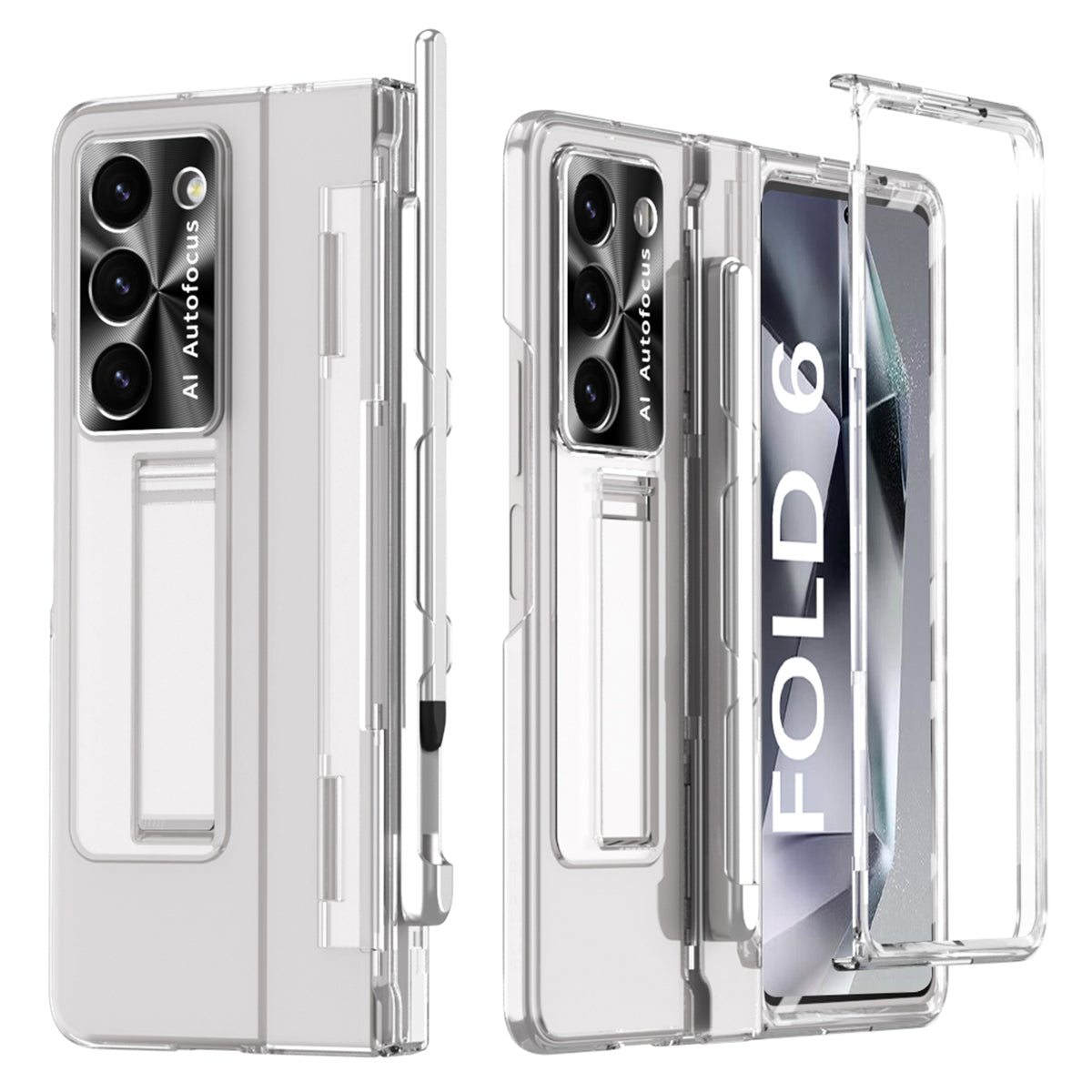For Samsung Galaxy Z Fold6 5G Kickstand Phone Case PC Folding Cover with Tempered Glass Film + Stylus Pen - Transparent