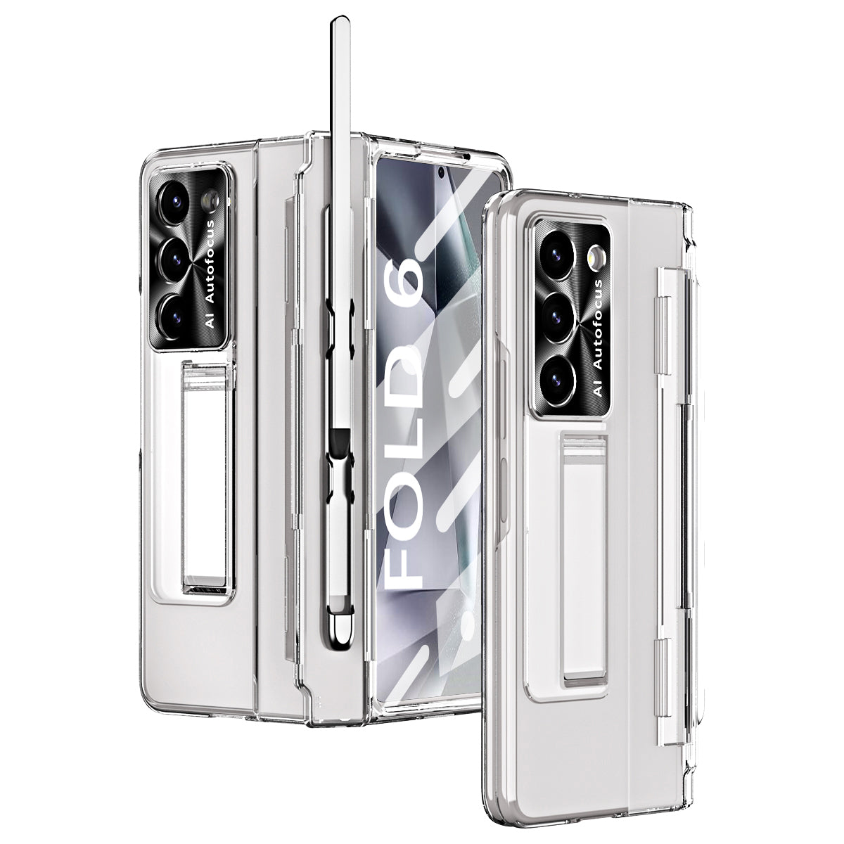 For Samsung Galaxy Z Fold6 5G Kickstand Phone Case PC Folding Cover with Tempered Glass Film + Stylus Pen - Transparent
