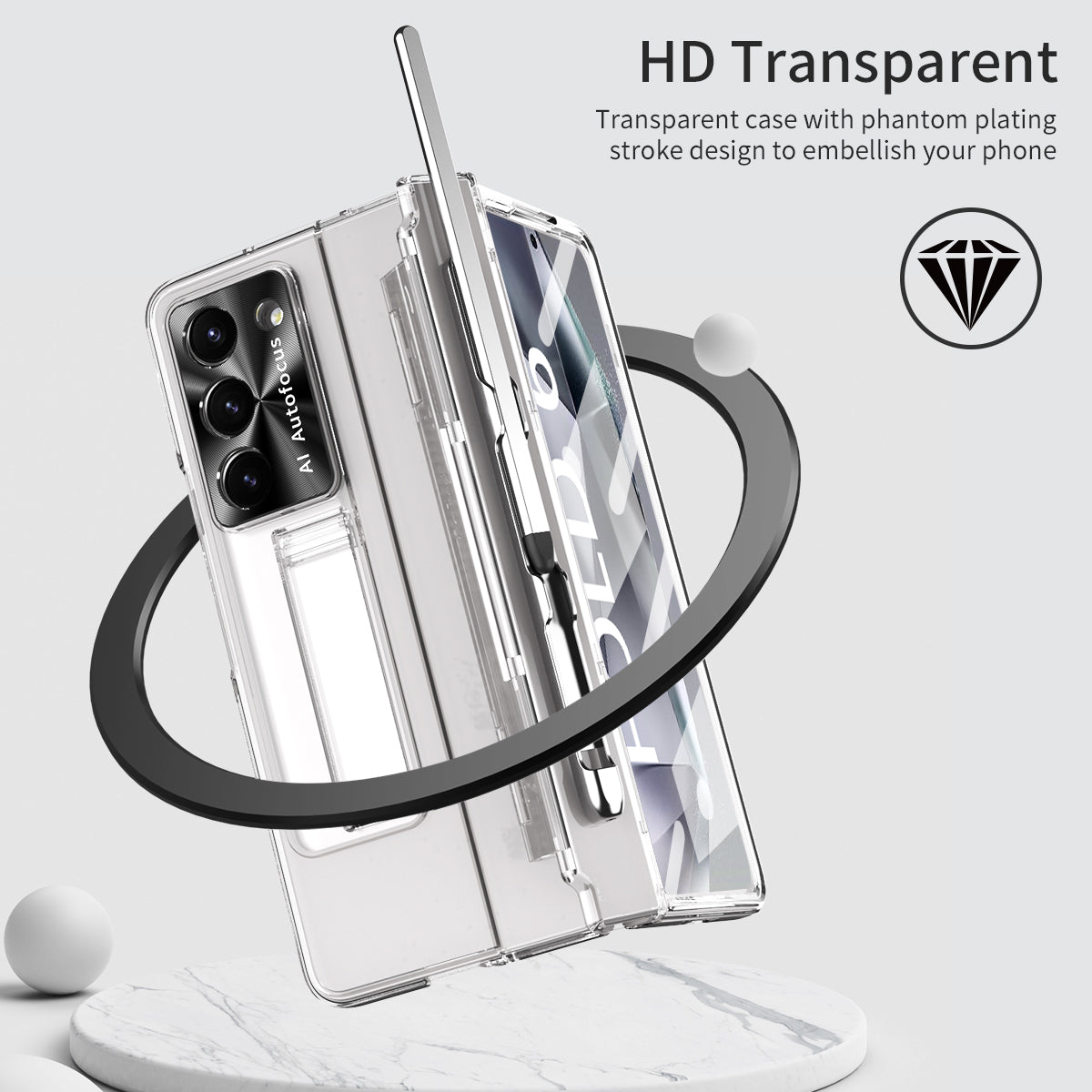 For Samsung Galaxy Z Fold6 5G Kickstand Phone Case PC Folding Cover with Tempered Glass Film + Stylus Pen - Transparent