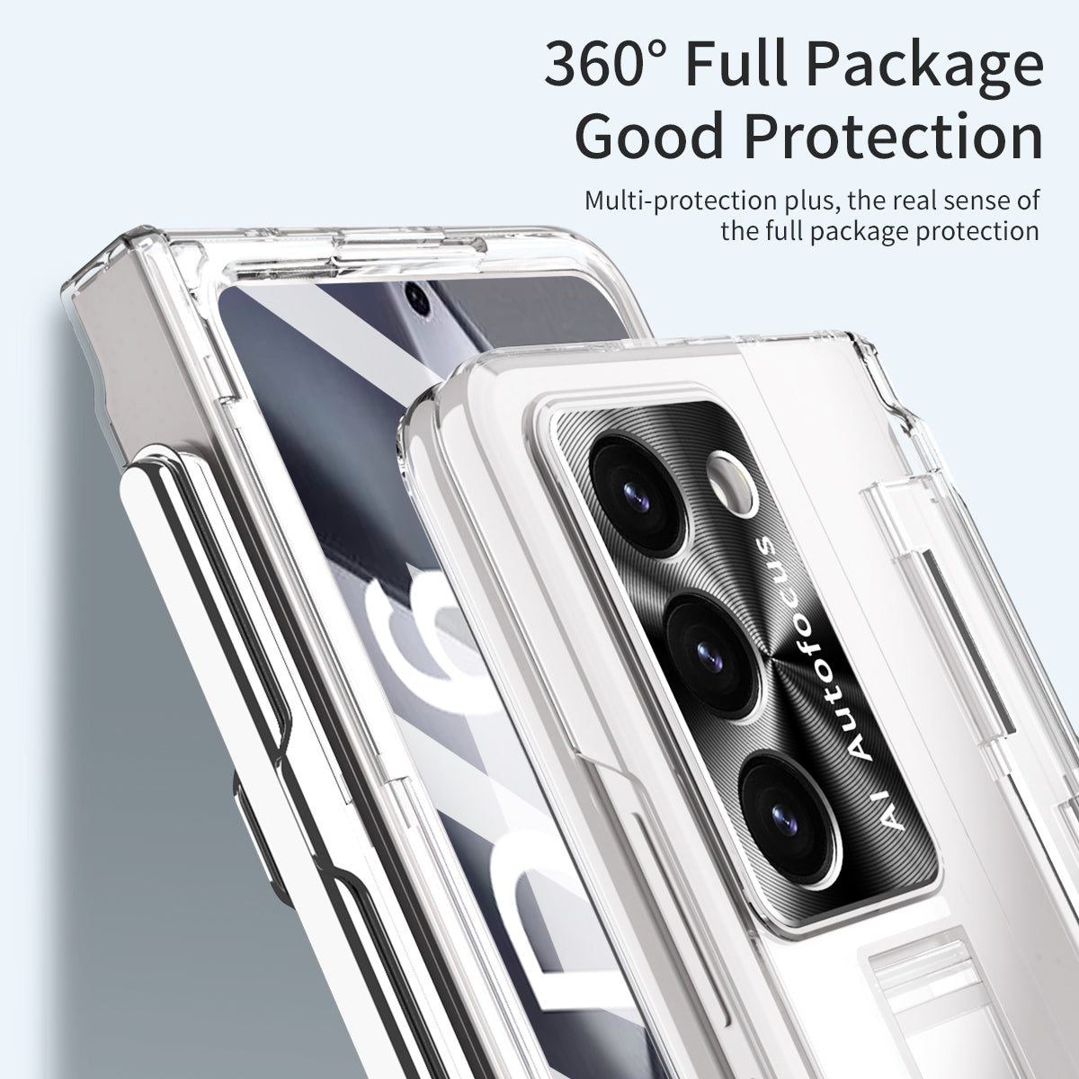 For Samsung Galaxy Z Fold6 5G Kickstand Phone Case PC Folding Cover with Tempered Glass Film + Stylus Pen - Transparent