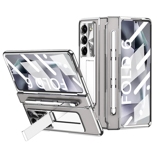 For Samsung Galaxy Z Fold6 5G Kickstand Phone Case PC Folding Cover with Tempered Glass Film + Stylus Pen - Silver
