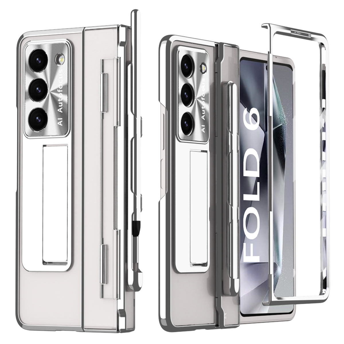 For Samsung Galaxy Z Fold6 5G Kickstand Phone Case PC Folding Cover with Tempered Glass Film + Stylus Pen - Silver