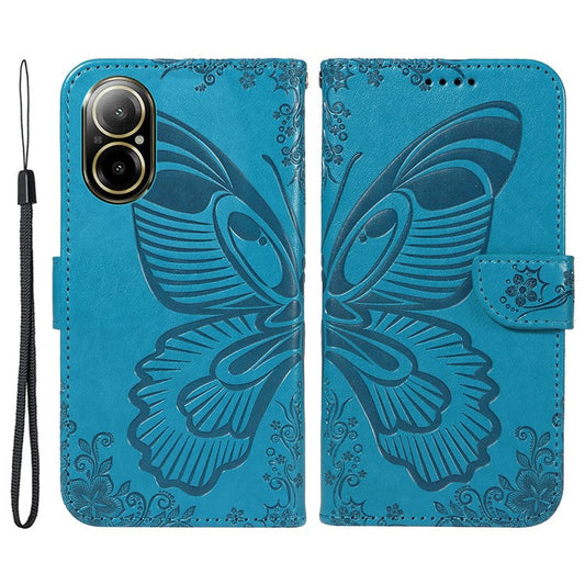 For Realme C67 4G PU Leather Phone Case Imprinted Pattern Wallet Phone Cover with Strap - Blue