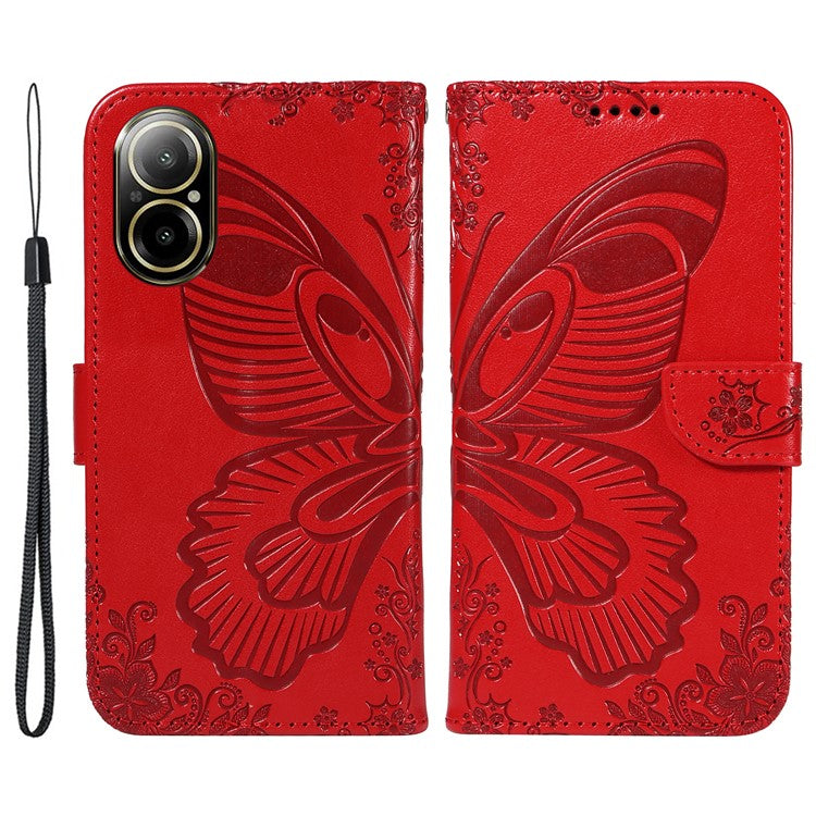 For Realme C67 4G PU Leather Phone Case Imprinted Pattern Wallet Phone Cover with Strap - Red
