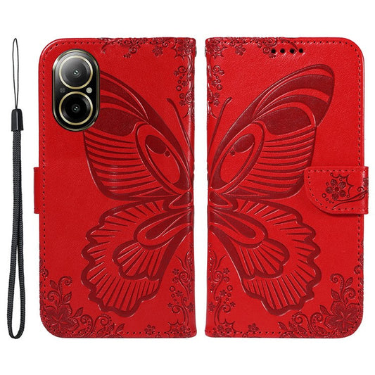 For Realme C67 4G PU Leather Phone Case Imprinted Pattern Wallet Phone Cover with Strap - Red