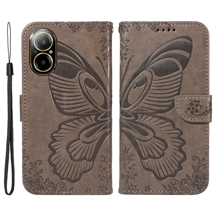 For Realme C67 4G PU Leather Phone Case Imprinted Pattern Wallet Phone Cover with Strap - Grey