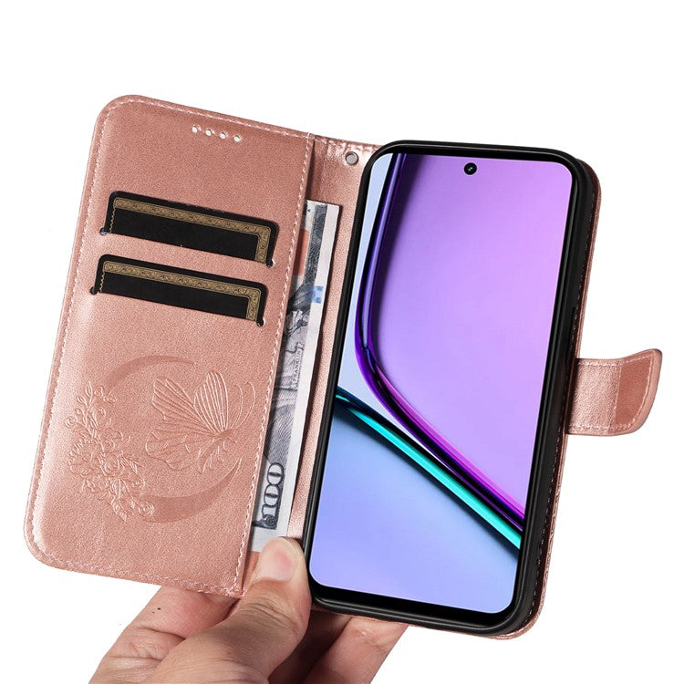 For Realme C67 4G PU Leather Phone Case Imprinted Pattern Wallet Phone Cover with Strap - Rose Gold