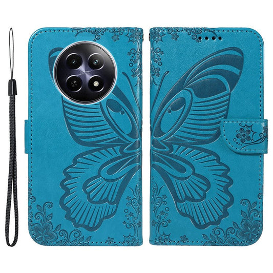 For Realme 12 5G Phone Stand Case Butterfly Imprint Leather Wallet Phone Cover with Strap - Blue