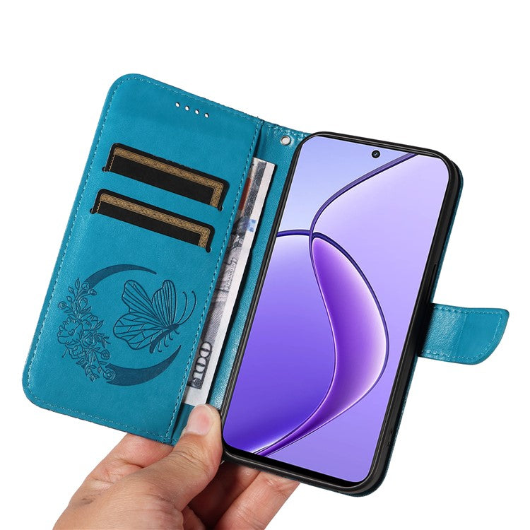 For Realme 12 5G Phone Stand Case Butterfly Imprint Leather Wallet Phone Cover with Strap - Blue