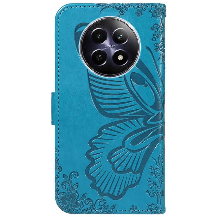 For Realme 12 5G Phone Stand Case Butterfly Imprint Leather Wallet Phone Cover with Strap - Blue