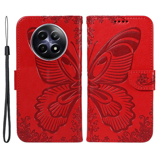 For Realme 12 5G Phone Stand Case Butterfly Imprint Leather Wallet Phone Cover with Strap - Red