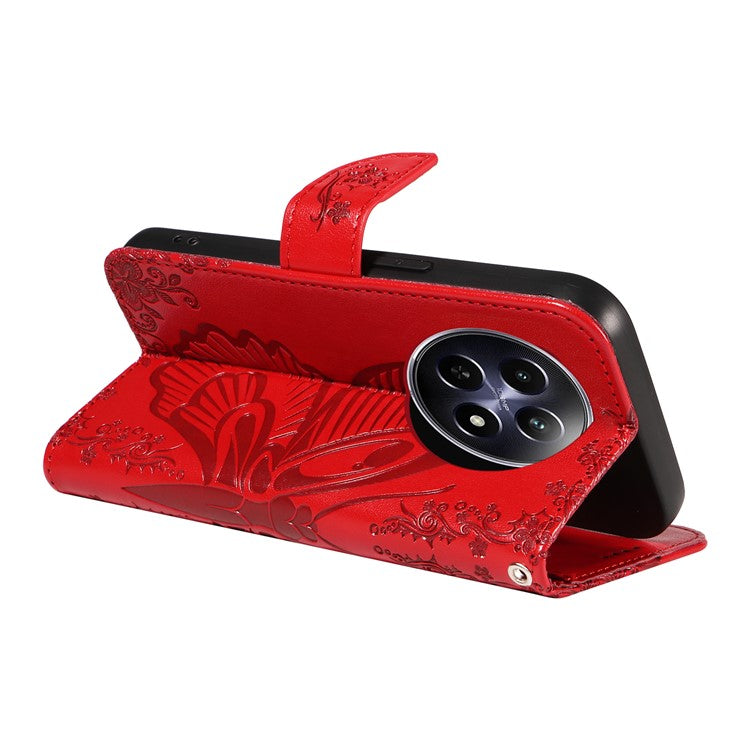 For Realme 12 5G Phone Stand Case Butterfly Imprint Leather Wallet Phone Cover with Strap - Red