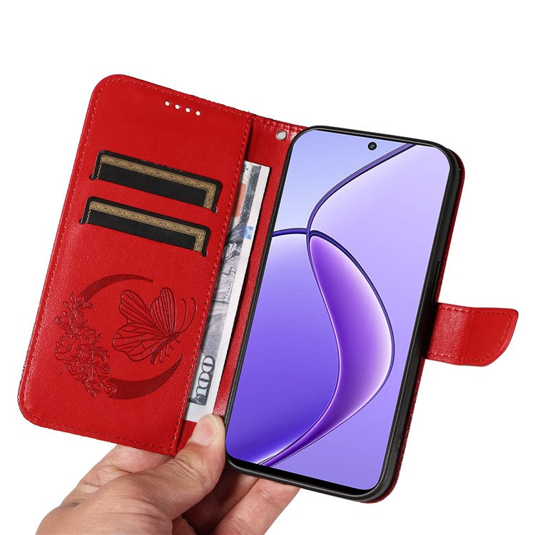 For Realme 12 5G Phone Stand Case Butterfly Imprint Leather Wallet Phone Cover with Strap - Red