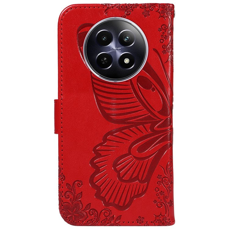 For Realme 12 5G Phone Stand Case Butterfly Imprint Leather Wallet Phone Cover with Strap - Red