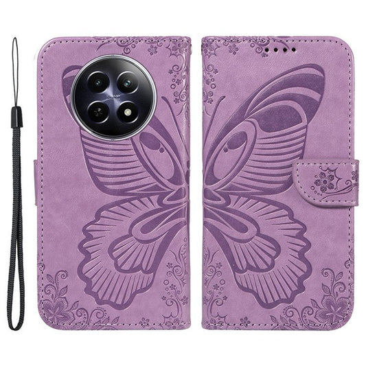 For Realme 12 5G Phone Stand Case Butterfly Imprint Leather Wallet Phone Cover with Strap - Light Purple